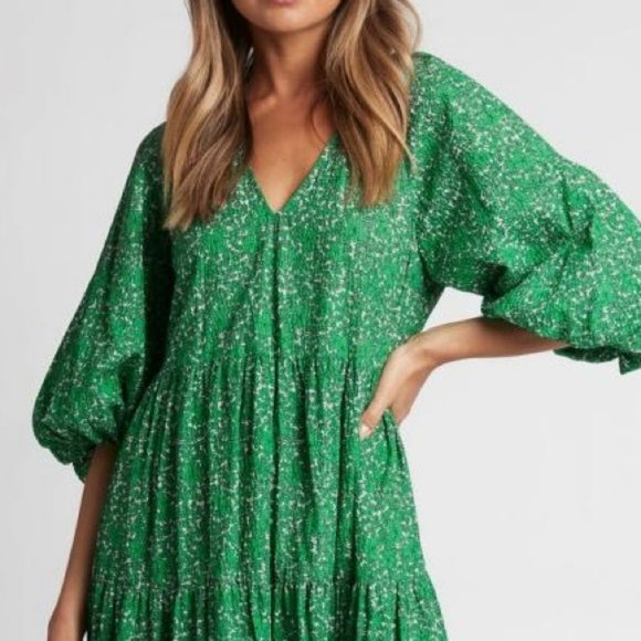 SHEIKE Clover Fields Green Floral Puff Sleeve Tiered Midi Dress NWT - Picture 6 of 16